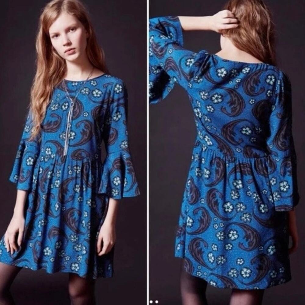FOR LOVE & LEMONS Blue Floral Bell Sleeve Paisley Mini Dress Size Small Boho EUC